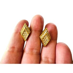 Vintage Signed Christian Dior Gold Tone Triangular Rhinestone Clip
Earrings 3/4"